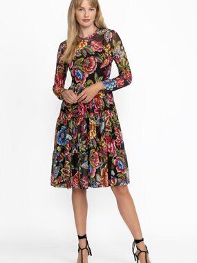 Johnny Was Jade Long Sleeve Mesh Tiered Floral Antiqua Midi Dress NWT